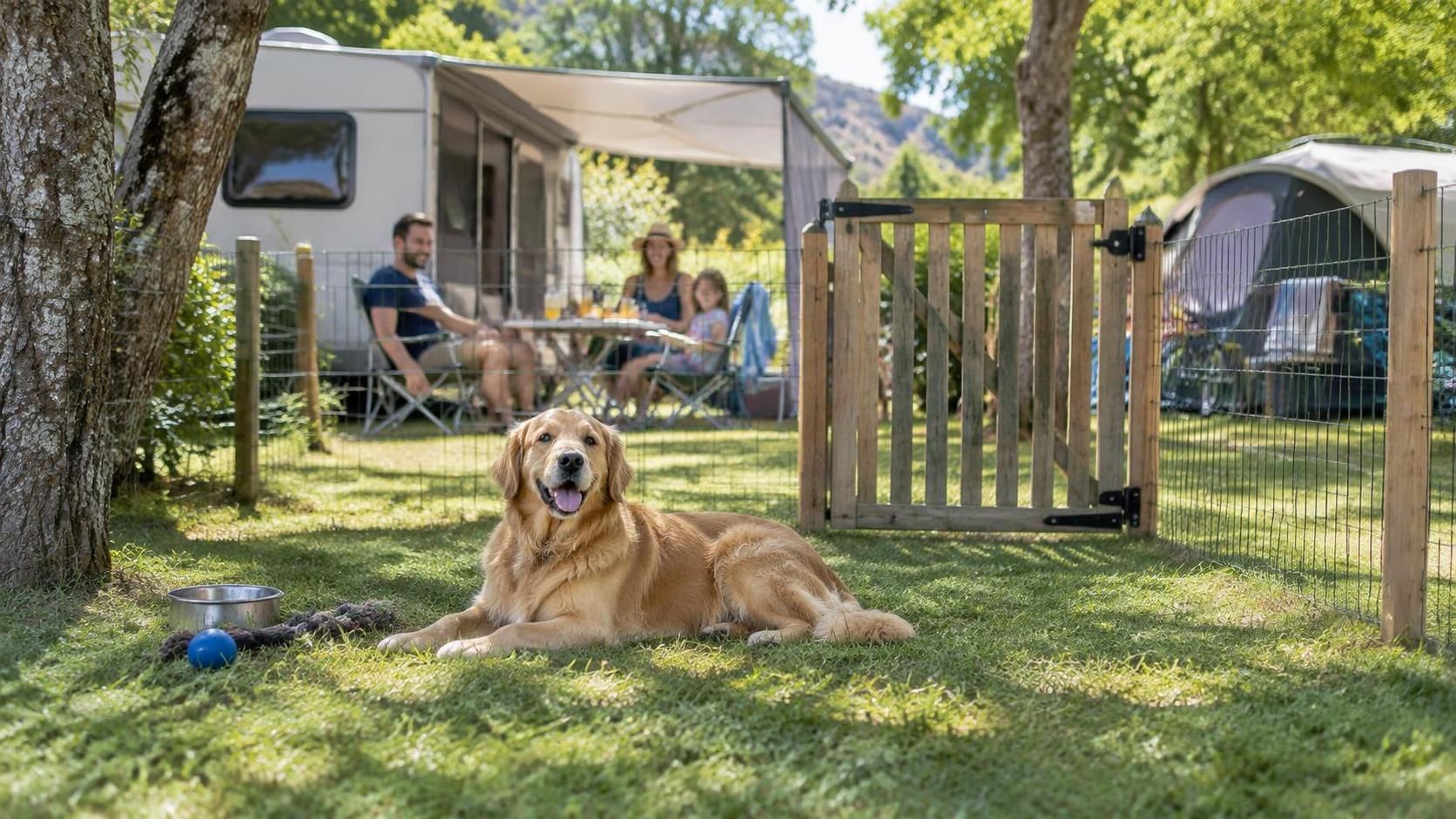 profitez d’un séjour au camping avec votre chien grâce à des espaces clôturés spécialement aménagés pour sa liberté et sa sécurité.